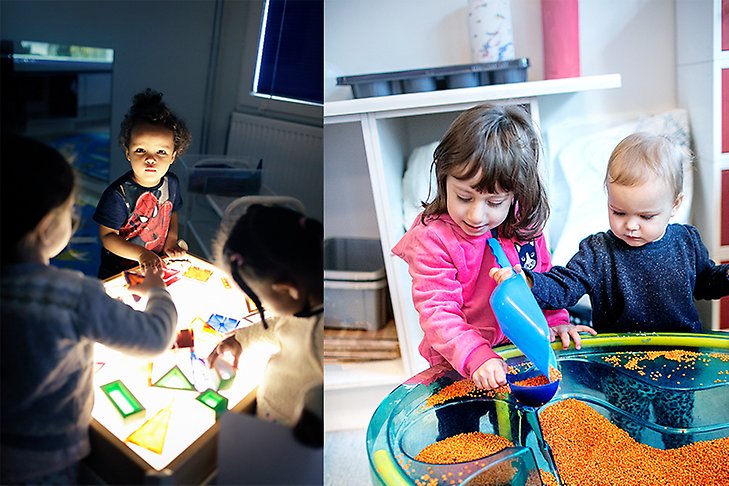 Två bilder i en. Första bilden tre barn som jobbar med figurer på ljusbord. Bild två två barn som öser i linser. Fotograf: Rosie Alm.