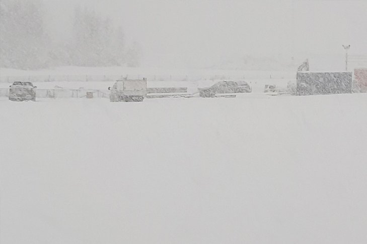 Några bilar syns knappt för alla snö som faller.