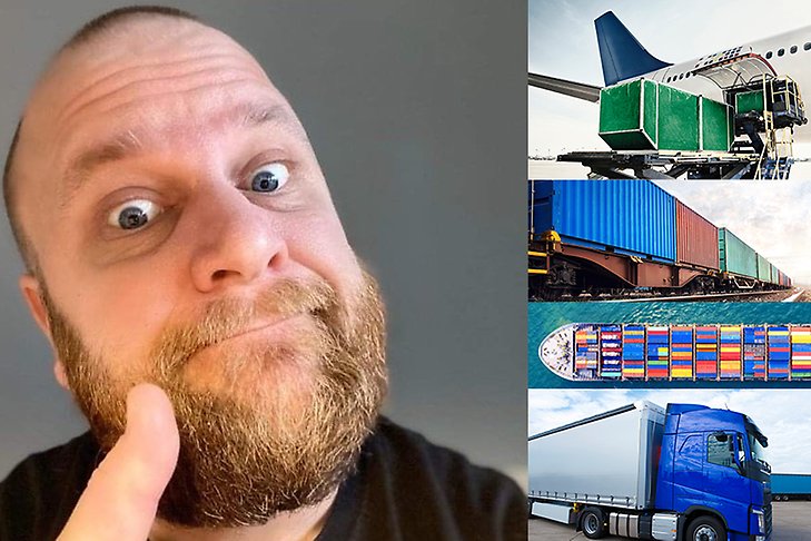 Collage. Stor bild på en man, porträtt. I vänsterspalt fyra bilder. Flygplan som lastas, godståg, lastfartyg, lastbil.