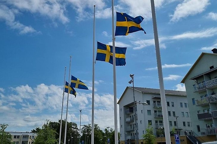 Fem flaggstänger står i rad. På varje hänger en svenska flagga på halv stång.
