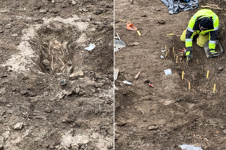 Två bilder på grävningar i sandig mark.