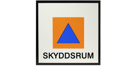 Symbol för skyddsrum orange fyrkant med blå triangel