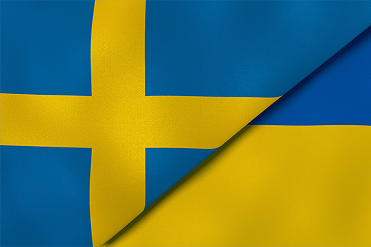 Den svenska och ukrainska flaggan tonar i varandra