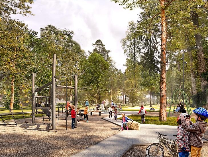 Visionsbild över den nya Vattentornsparken. Barn som cyklar och leker vid en klätterställning. Parken är omgiven av höga tallar.