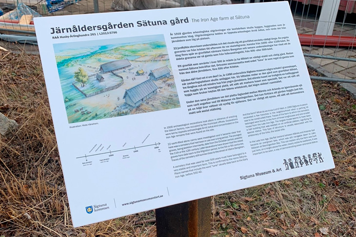 En utomhusskylt i närbild med rubriken Järnåldersgården Sätuna gård, en illustration över gården och information i mindre text.