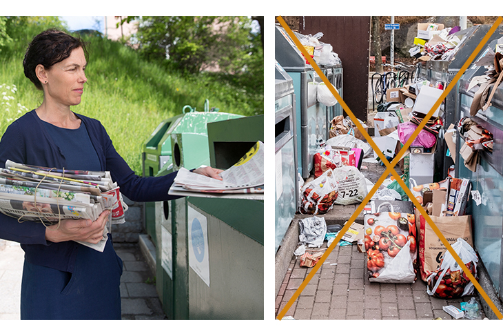 Kvinna som sorterar tidningar rätt bredvid en sophög av felsorterade sopor