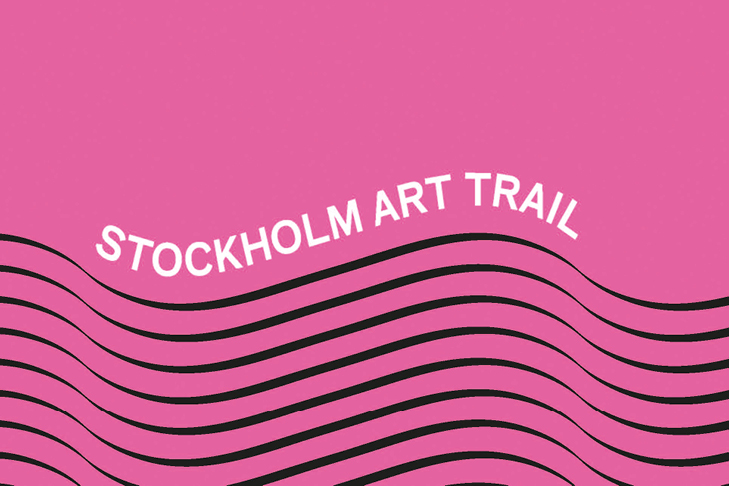 En rosa bakgrund med grafiska vågmönster och texten Stockholm Art Trail.