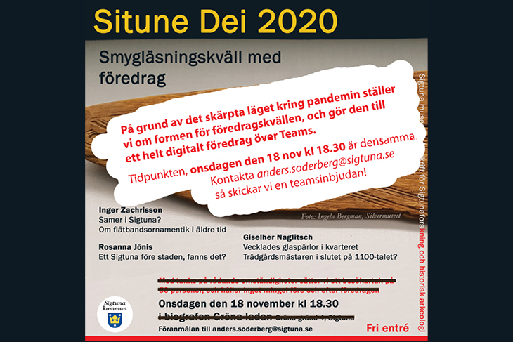 En arkeologisk bild med text till inbjudan till smygläsningskväll av Situna Dei 2020