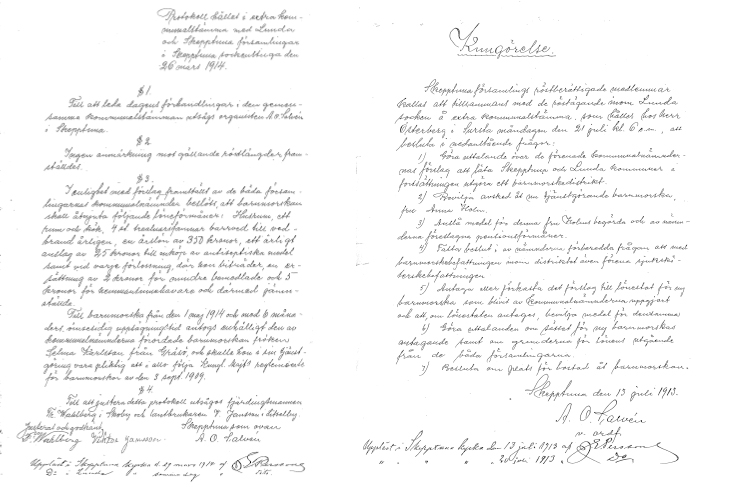 Protokoll från 26 mars 1914 samt en kungörelse från 13 juli 1913.