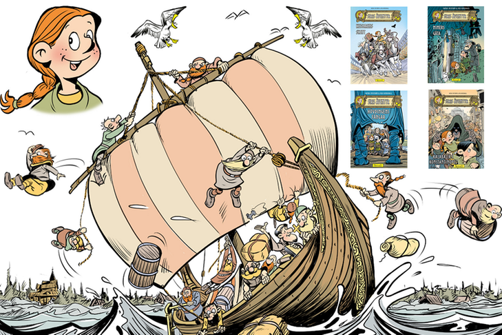 Tecknad bild av vikingaskepp med kaos ombord.
