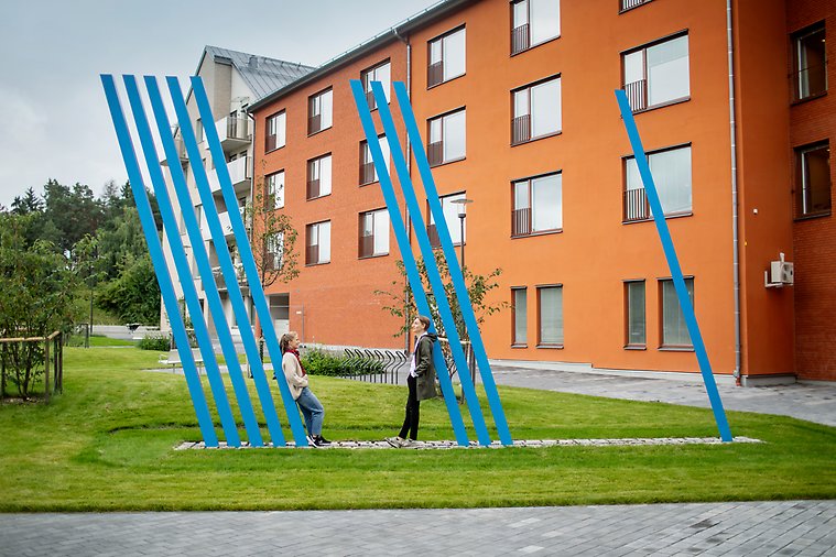 Bild från Sigtuna stadsängar. Två personer står lutade mot Lars-Erik Falks Modul Skulptur.
