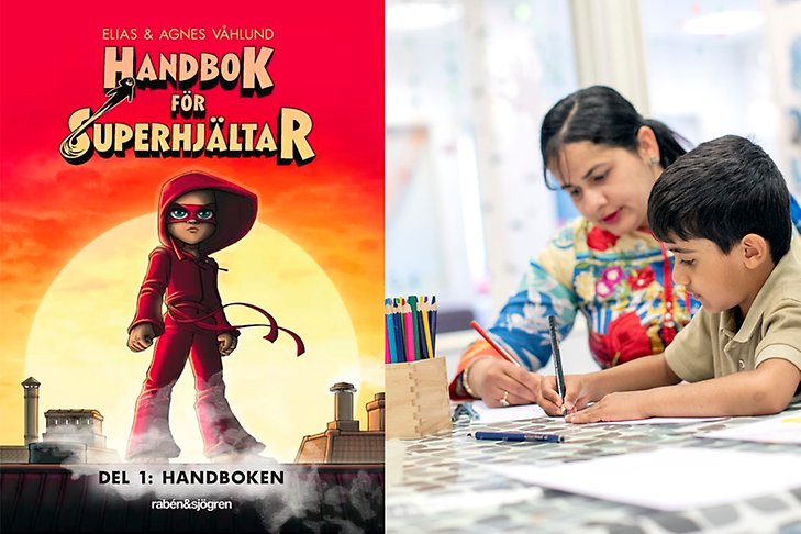 Bokomslaget till Handbok för superhjältar och bild på mamma och son som ritar.