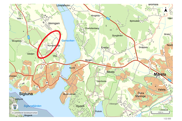 Karta med röd ring runt området för den nya gång- och cykelvägen mot Venngarn