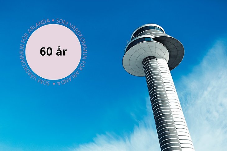 Arlandas flygledartorn mot himlen som bakgrund och en grafisk rosa cirkel med texten "60 år" inuti och "som värdkommun för Arlanda" runt om.