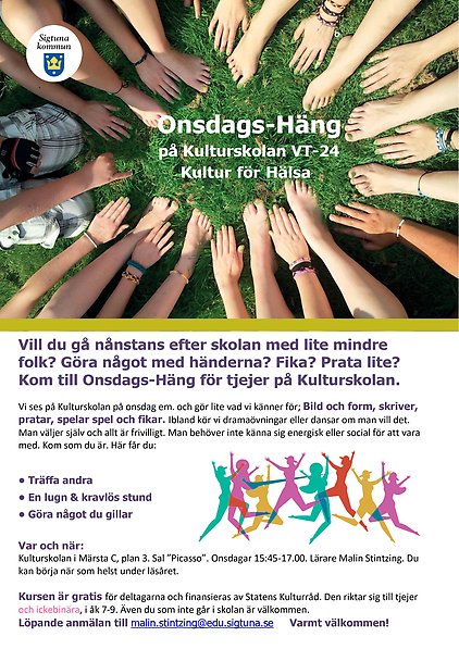 Information om kursen Kultur för hälsa - onsdagshäng på Kulturskolan under VT24