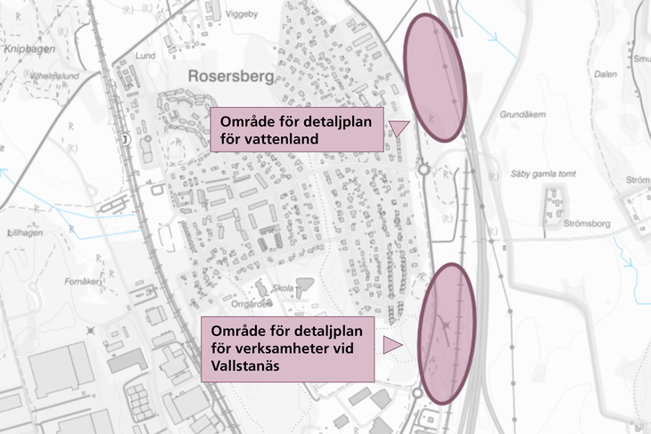 Kartbild över vilka områden som detaljplanerna för vattenlandet respektive verksamheter vid Vallstanäs berör. Områdena ligger cirka 500 meter ifrån varandra i Rosersberg.