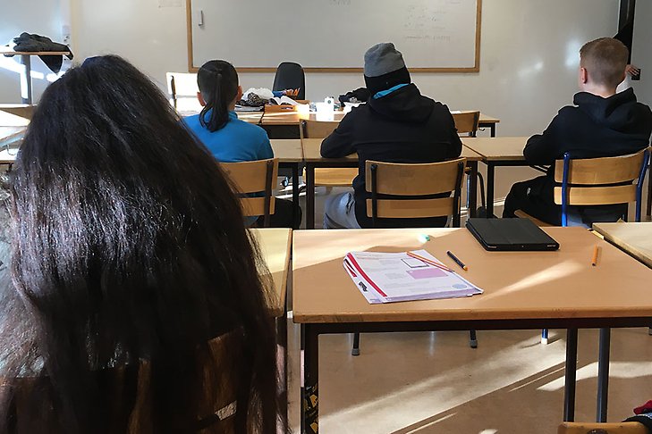 fotograf: Sigtuna kommun. Elever som sitter vid bänkar i ett klassrum, ryggarna vända mot kameran.