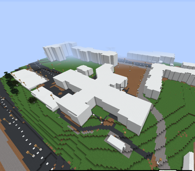Bild som visar Sigtuna kommunhus i Minecraft