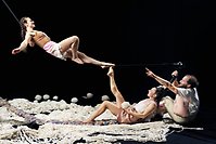 Två cirkusartister sitter på golvet i en härva av garn och pekar på en akrobat som hänger i luften. 