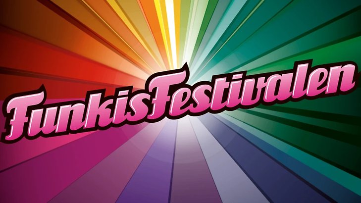 Funkisfestivalens logga mot färgglad bakgrund