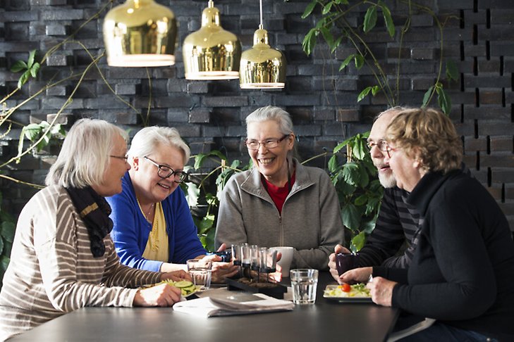 En grupp med äldre personer äter tillsammans.