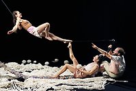 Två cirkusartister sitter in en härva av garn och pekar på en akrobat som hänger i luften. 
