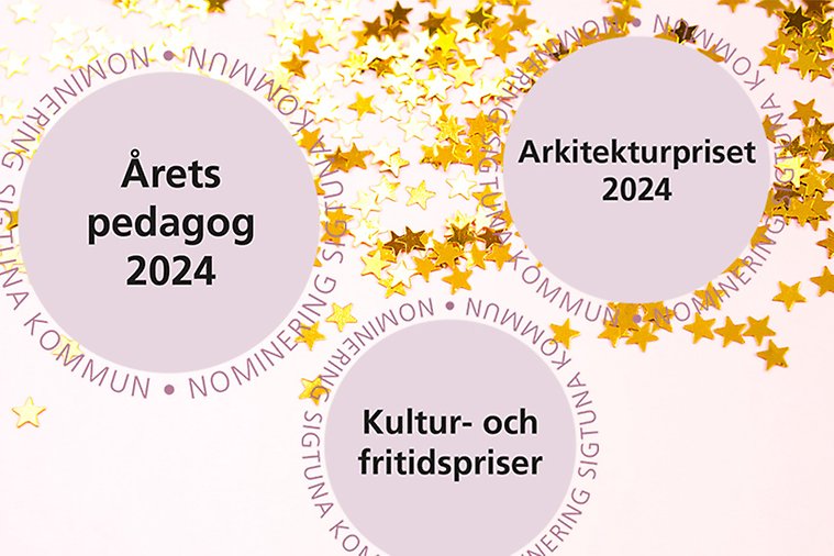 Logotyper för årets pedagog, kultur- och fritidspriser och arkitekturpriset ovan en bild på konfetti. Foto Mostphotos.